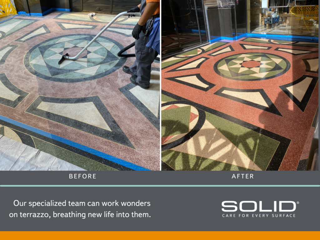 With our expert care and professional cleaning techniques, we can make your terrazzo sparkle, leaving it looking as if it were recently installed, impressing visitors and enhancing the overall aesthetic appeal of your facility. Trust SOLID Surface Care to provide exceptional results and ensure your facility shines brightly throughout the holiday season and beyond.
