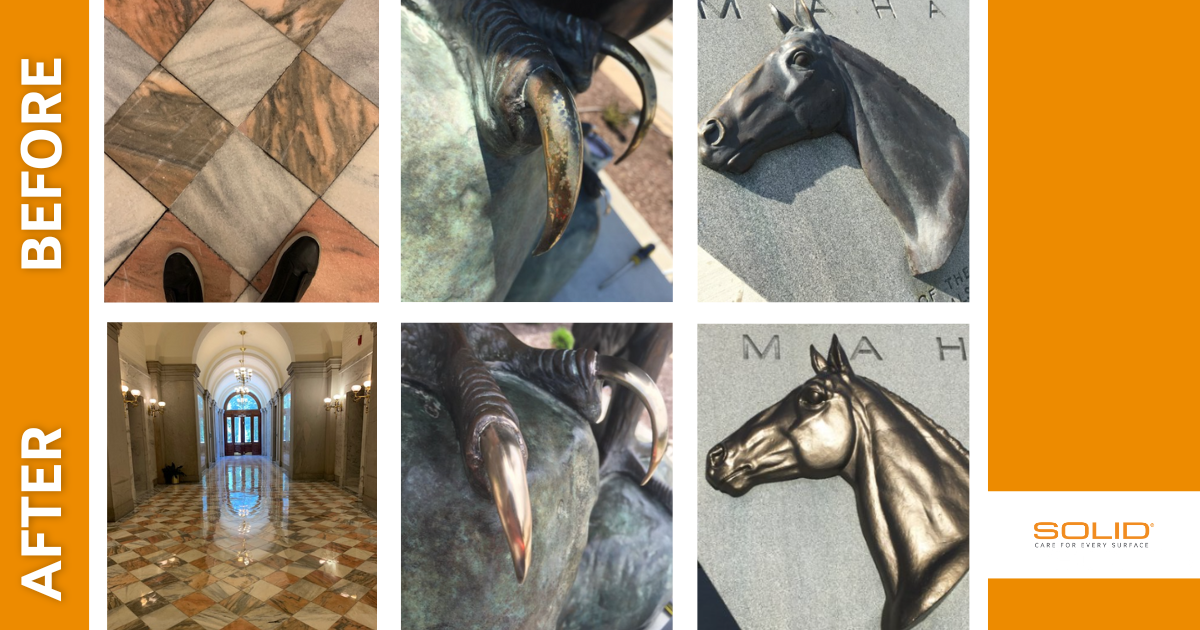 Before-and-after restoration images showing stone monument details, including a bird’s talon sculpture and a carved horse head. Surfaces appear weathered and stained in the before shots and fully restored, clean, and detailed in the after shots.